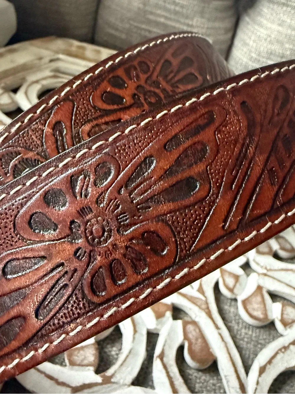 Nocona Brown Leather Belt with Ornate Turquoise-Accented Buckle Vintage 38